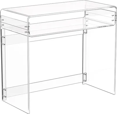 A clear acrylic desk with a shelf, shown from the front on a white background.