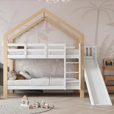 Zdjęcie produktu dla Łóżko piętrowe dla dzieci ze zjeżdżalnią i daszkiem – 90 x 200 cm, model Space Saver