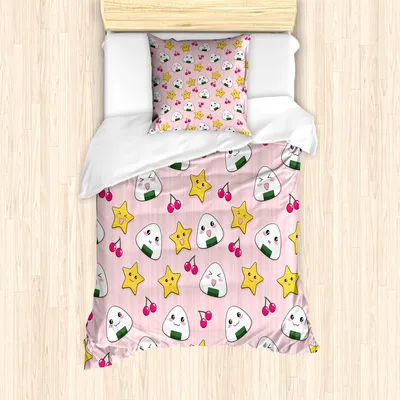 Produktbild von ABAKUHAUS Anime Mantele, Gestreifte Cartoon-Stil, Milbensicher Allergiker geeignet mit Kissenbezügen, 135 cm x 200 cm - 80 x 80 cm, Rosa, Gelb und Weiß