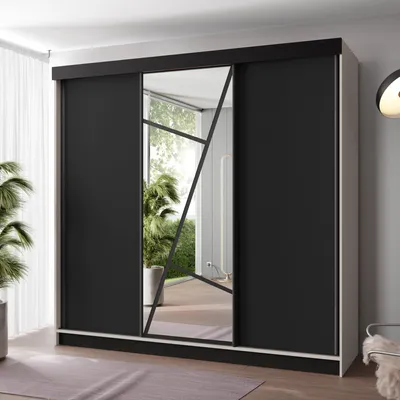 Produktbild von FurMeb24 Schiebetürenschrank LOE 250x205x59 cm Kleiderschrank mit Spiegel, 3-türiger Schiebeschrank (Kaschmir/Schwarz)