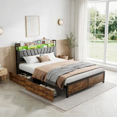 Zdjęcie produktu dla Łóżko tapicerowane INONEFT, 160x200 cm, z podświetleniem LED i funkcją ładowania USB, metalowa rama łóżka z zagłówkiem, pojemnik na pościel, 4 szuflady, obicie z materiału PU, kolor czarny, bez materaca