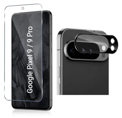 A screen protector and camera lens protector for a Google Pixel 9 Pro are shown.