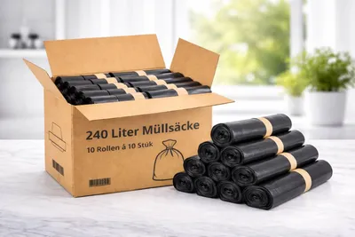 Produktbild von PACKEO Abfallbeutel, schwarze Müllbeutel, 240 l., Extra Stark & Eco 60 my(10 Rollen (100 Stk.))