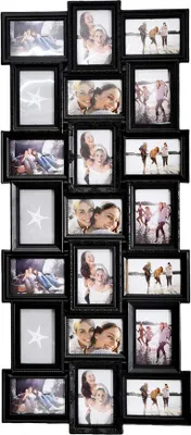 Produktbild von XL Fotocollage Bilderrahmen für 21 Fotos 10 x 15 cm und 15 x 10 cm Schwarz 58,5 x 111 cm Kunststoff 3D Look Wandrahmen mit Haken Hochformat oder Querformat Schutzfolie einfache Bestückung