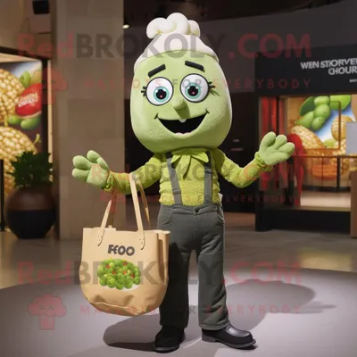Zdjęcie produktu dla Oliwkowa REDBROKOLY postać w kostiumie maskotki Pop Corn ubrana w dżinsy Mom i torebki