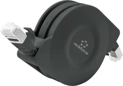 Produktbild von Renkforce RF-4476386 RJ45 Patchkabel CAT 6a U/FTP 1.50 m Schwarz Flache Ausführung, inkl. Aufroller 1 St.