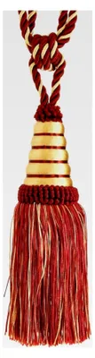 Produktbild von Raffhalter mit Quaste 20 cm und Kordel 60 cm in Dunkelweinrot und Gold für Gardinen