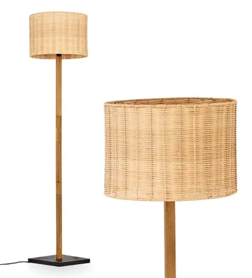 Produktbild von Dello Stehlampe mit Holzfuß und Schirm aus Rattan