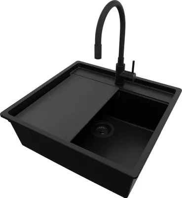 Produktbild von PRIMAGRAN Granitspüle Alles Schwarz 56x53cm, Spülbecken 1 Becken + Ablauf-Set + Küchenzubehörset, Küchenspüle ab 60er Unterschrank - Bergen