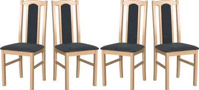 Four wooden dining chairs with dark gray upholstered seats and backrests, arranged in a row against a white background.