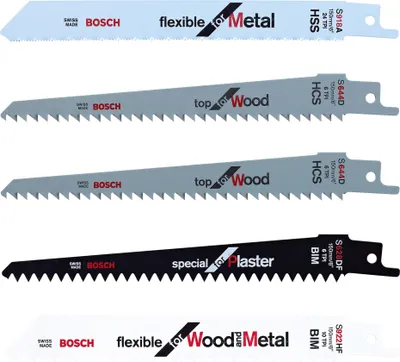 A collection of five Bosch reciprocating saw blades arranged horizontally against a white background.
