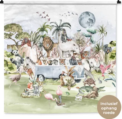 Produktbild von MuchoWow® Wandteppich Wandbehang Dschungel - Bus - Tiere - Kinder - Pflanzen 150x150 cm Tapisserie Dekoration Wandtuch - Wohnaccessoires - Modernes
