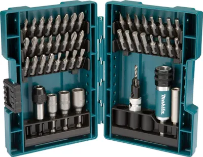 An open tool case with various drill bits and sockets.