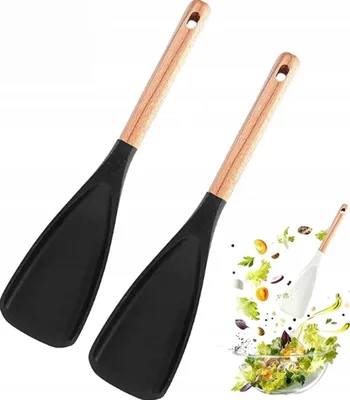 Produktbild von 2er-Set lange schwarze Silikonlöffel mit Holzgriff
