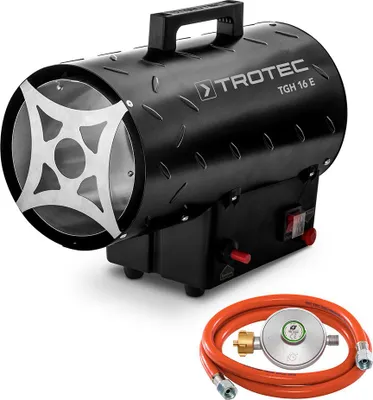 Produktbild von TROTEC Gasheizgebläse TGH 16 E inkl. Verbindungschlauch und Druckminderer (Heizleistung bis 15 kW, 580 m³/h Luftdurchsatz, für handelsübliche Gasflaschen, pulverbeschichteter Riffelblechausführung, Piezozündung)