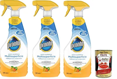 Produktbild von Pronto Detergente Multisuperficie Agrumi pH-Balanced Mehrflächenreiniger, Zitrusduft, Recycelbare Flasche, Trigger Reinigungsmittel 3x 500ml Packung + Italian Gourmet polpa 400g