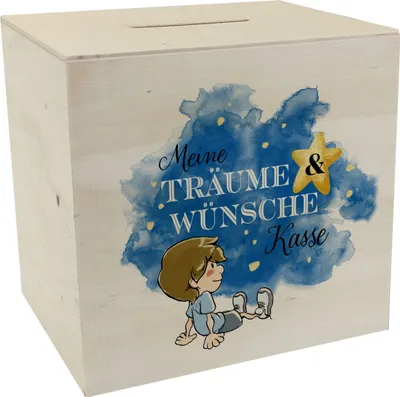 Produktbild von Spardose aus Holz mit kleinem Jungen und Spruch - Meine Träume & Wünsche Kasse