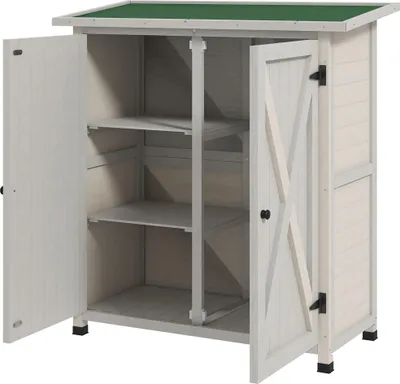 Produktbild von Holz Geräteschrank 2-türig mit Asphaltdach, 110x55x117 cm, hellgrau – Geräteschuppen für Garten, wetterfest, Stauraum