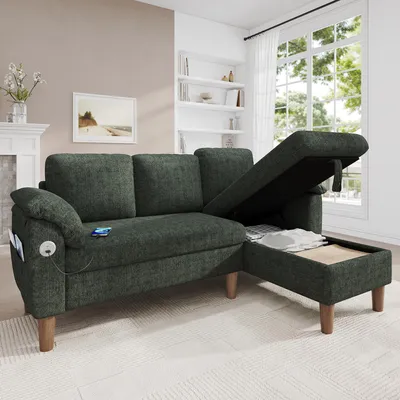 Immagine prodotto di Divano angolare a forma di L, 3 posti, chaise longue con spazio contenitore, porte USB/Type-C, tasca laterale, tessuto in chenille (grigio)