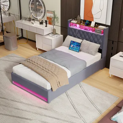 Produktbild von okwish Polsterbett 140×200 mit LED-Beleuchtung, USB & Steckdosen,Stauraumbett mit Kopfteil & Regal ,Komfortables Bett für Schlafzimmer,Grau(ohne Matratze)