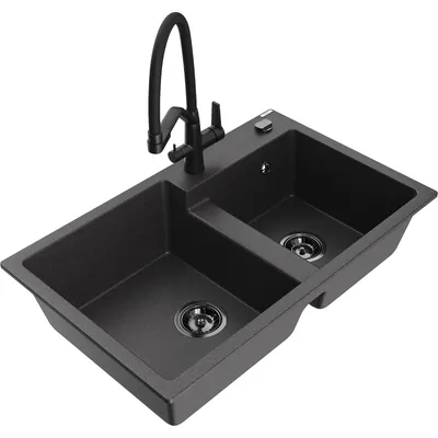 Zdjęcie produktu dla Mexen Tomas zlewozmywak granitowy 2-komorowy z baterią kuchenną Duo, czarny nakrapiany - 6516-76-671701-70-B