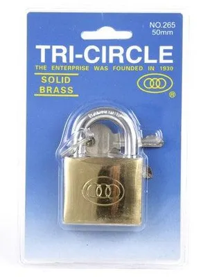 Zdjęcie produktu dla Kłódka trójdzielna 50 mm, mosiądz, 3 przyciski, uchwyt 50 mm, kolor złoty