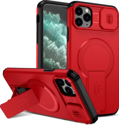 Immagine prodotto di Custodia magnetica per iPhone 11 Pro Max, custodia resistente a doppio strato con protezione scorrevole della fotocamera e supporto regolabile Rosso