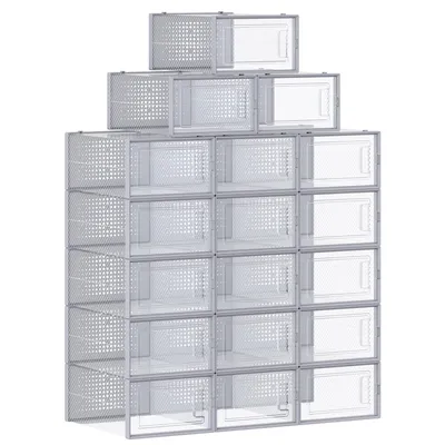 Produktbild von Schuhboxen, 18er Set, Schuh-Organizer aus Kunststoff, faltbar und stapelbar, für Schuhe bis Größe 44, transparent-grau