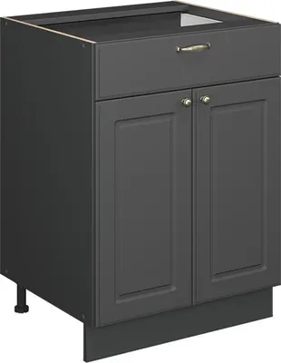 A dark gray kitchen base cabinet with a single drawer and two doors, featuring gold handles. The cabinet is shown from a front-diagonal angle.