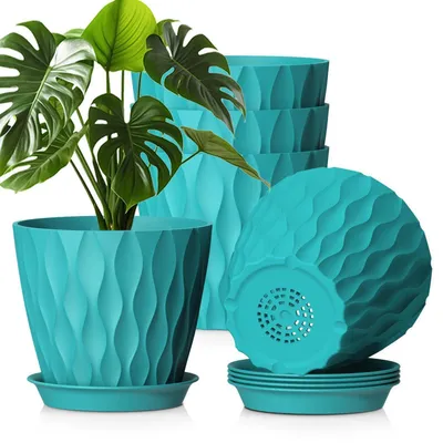 Immagine prodotto di Set di 5 vasi in plastica, diametro 20 cm, color blu-verde, con sottovaso e fori di drenaggio