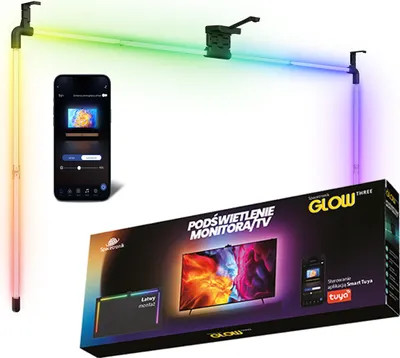 A product box for LED TV lighting, showing the product in use and a smartphone app interface.