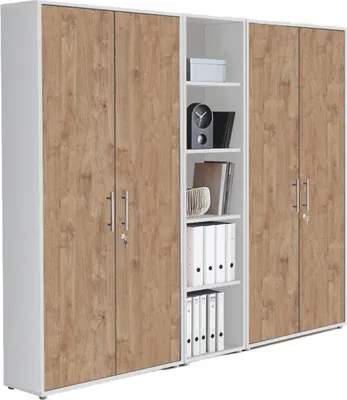 Produktbild von Aktenschrank TABOR 10 in weiß / Gold Harbor Oak, Schrankwand, Büroschrank, abschließbar, Metallgriffe