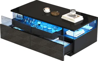 Zdjęcie produktu dla Stolik kawowy o wymiarach 90 × 45 × 35,5 cm z tacą, stolik pod sofę z 2 szufladami, stolik pomocniczy z hartowanego szkła, stolik kawowy z oświetleniem LED