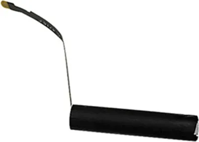 A black cylindrical battery with a thin black cable attached to one end, against a white background.