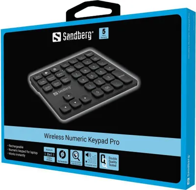 The image shows the retail packaging of a Sandberg Wireless Numeric Keypad Pro.