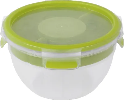 A clear, well-lit studio shot of a round food storage container with a green lid and transparent base.