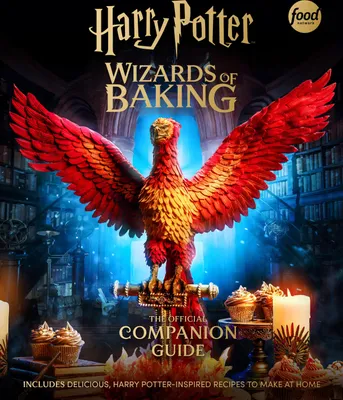 A cookbook cover featuring a phoenix sculpture and cupcakes, set against a backdrop of bookshelves and magical lighting.