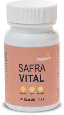 Produktbild von Wellpursan Safra Vital, mit Safranfäden-Extrakt, Kakao-Fasern,  Rhodiola-Rosea,