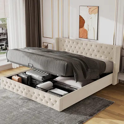Produktbild von Flieks Polsterbett 180x200cm mit Lattenrost, Hydraulisches Boxspringbett mit Bettkasten und Stauraum, Samt Doppelbett Stauraumbett Funktionsbett, Beige