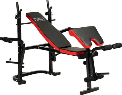 A weight bench with adjustable incline and various attachments for different exercises.
