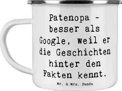 Produktbild von Mr. & Mrs. Panda Teebecher Spruch Patenopa Geschichten - Weiß - Geschenk, Erzählen, Lebensweisheit, herzerwärmende Sprüche, Überlieferungen, Tasse Emaille, Pott, Familie