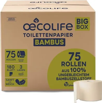 Produktbild von oecolife Toilettenpapier Box BAMBUS, 3-lagig, 75 Rollen á 180 Blatt, Großpackung, superweich