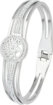 Produktbild von Armreif für Damen, Zirkonia, Lebensbaum-Dekor, ausgehöhlt, galvanisiertes Titanstahl-Armband für Abschlussball, tägliches Dating, Geschenk für die Liebsten