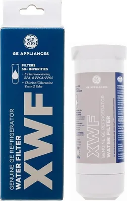 A GE Appliances refrigerator water filter and its packaging are shown.