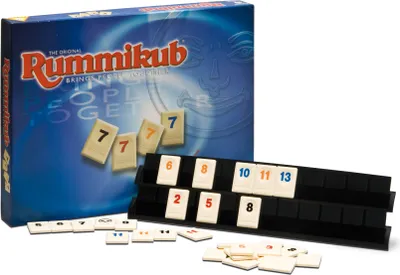 A Rummikub board game box and tiles are displayed on a white background.