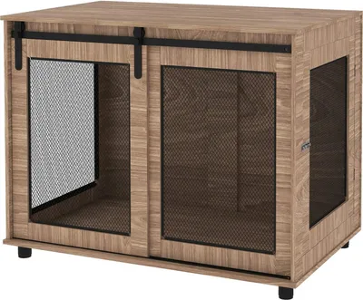 Produktbild von Hundekäfig Möbel, Hundebox mit 2 verschließbaren Türen, Beistelltisch für Zuhause, Hundehaus für große Hunde unter 30 kg, Stahl, 98 x 60 x 78 cm, Nussbaum |