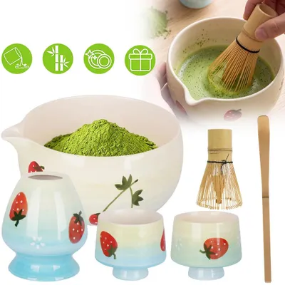 Produktbild von Matcha-Schneebesen-Set - Matcha-Geschirrset - Keramikschüssel - 2 Tassen - Bambusbesen - Löffel - Besenhalter - Erdbeermotiv