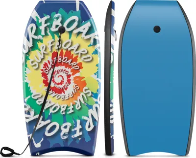 Immagine prodotto di Bodyboard COSTWAY per bambini, tavola da surf con anima in EPS, superficie in XPE, fondo in HDPE, cinturino da polso, tavola da surf 84x46x5 cm con motivo a spirale
