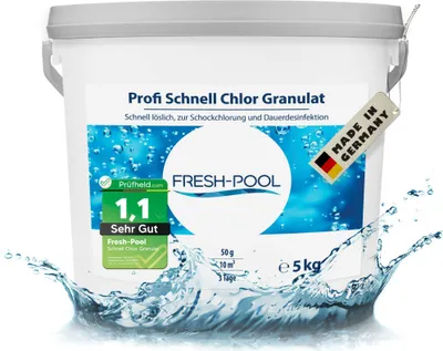 Produktbild von Fresh-Pool Profi Schnell Chlor Granulat, 56% Aktivchlor, 5 kg incl. Dosierbecher - Pool Chlor Granulat | Clorgranulatpool 5kg | Chlorgranulat für Pool