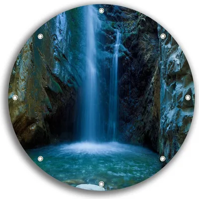 Produktbild von Wallario rundes Outdoor-Poster für Garten oder Balkon, Motiv Wasserfall bei Sonneneinfall, 30 cm Durchmesser